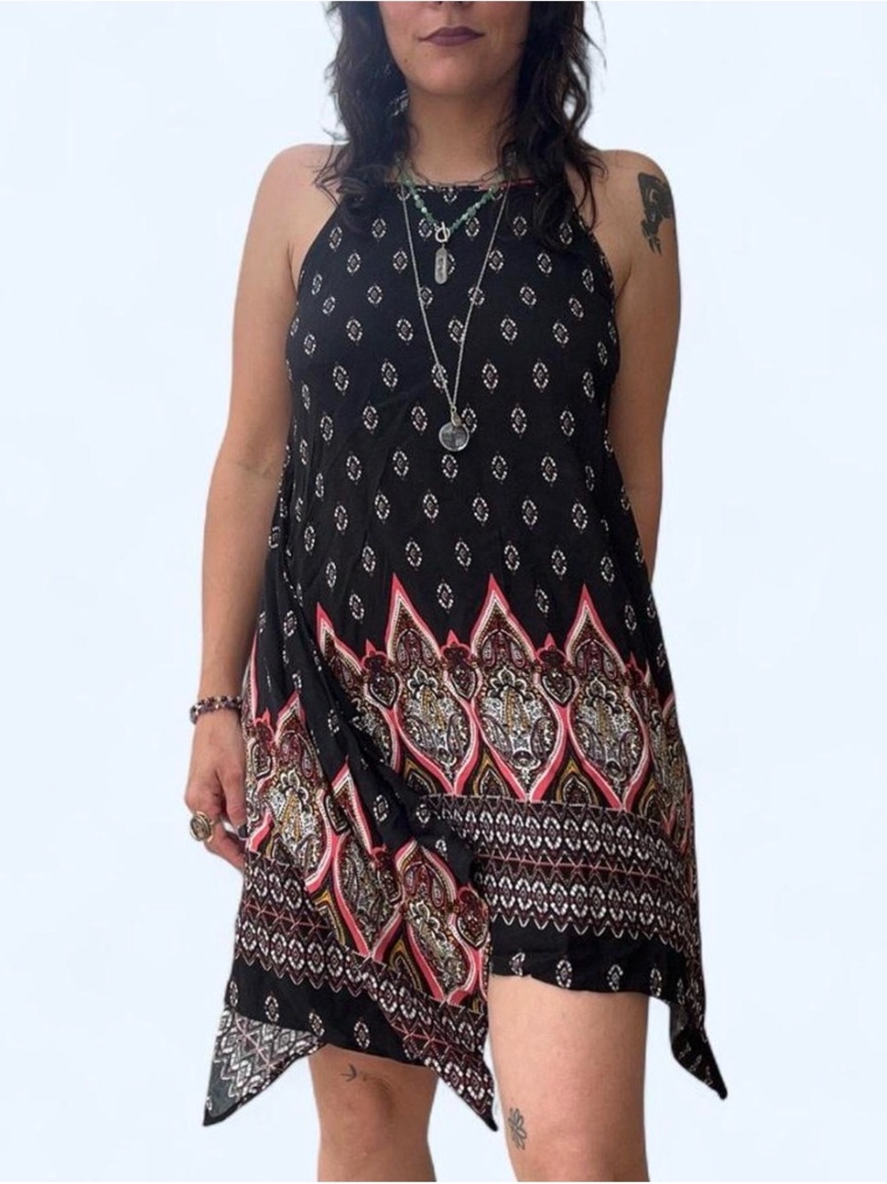 Boho Black Print Handkerchief Hem Mini Dress with Pink Accents